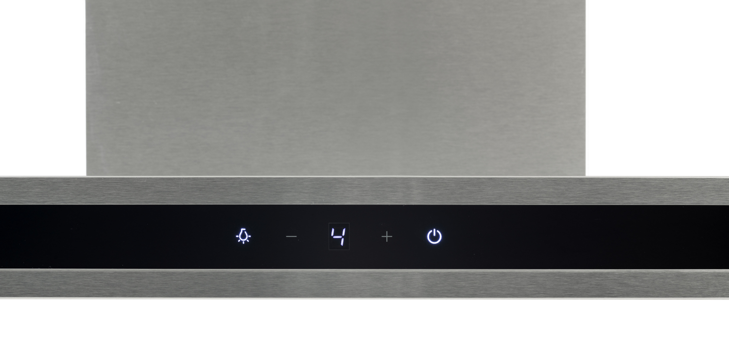 Close-up of a stainless steel range hood control panel with buttons and display.