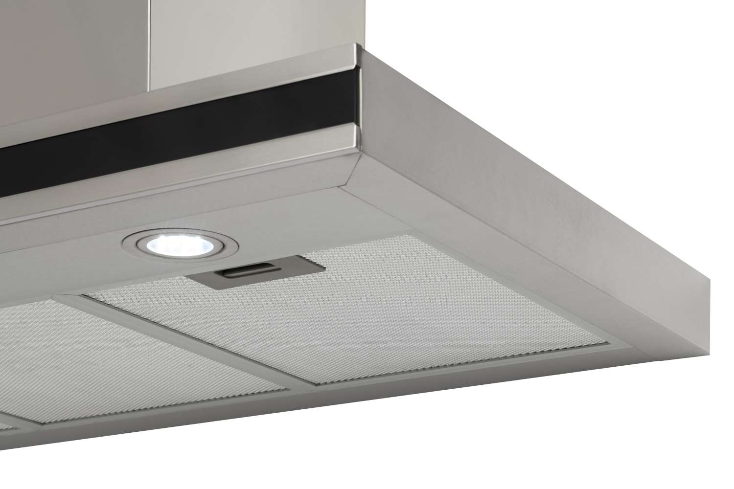 Close-up of a stainless steel range hood with a light and filter.