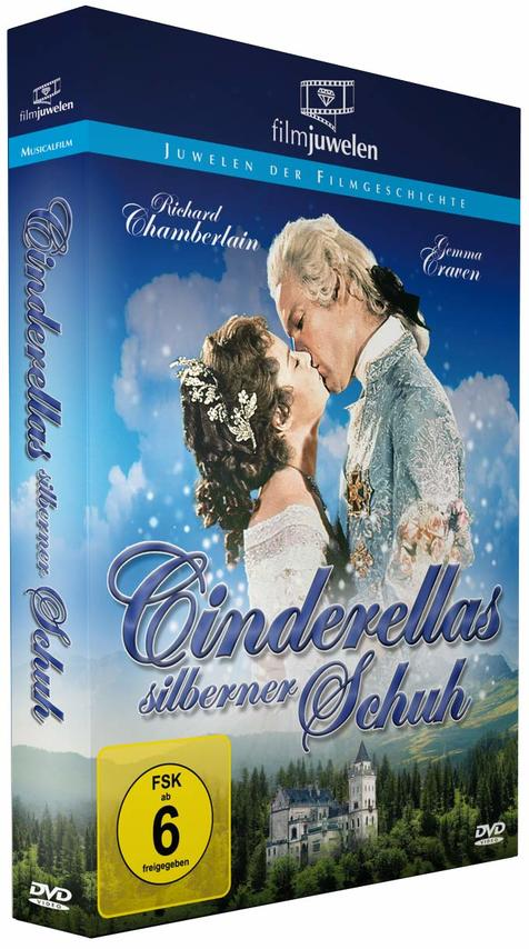 DVD-Hülle für 'Cinderellas silberner Schuh' mit Schauspielern, einem Schloss und einem Himmel.