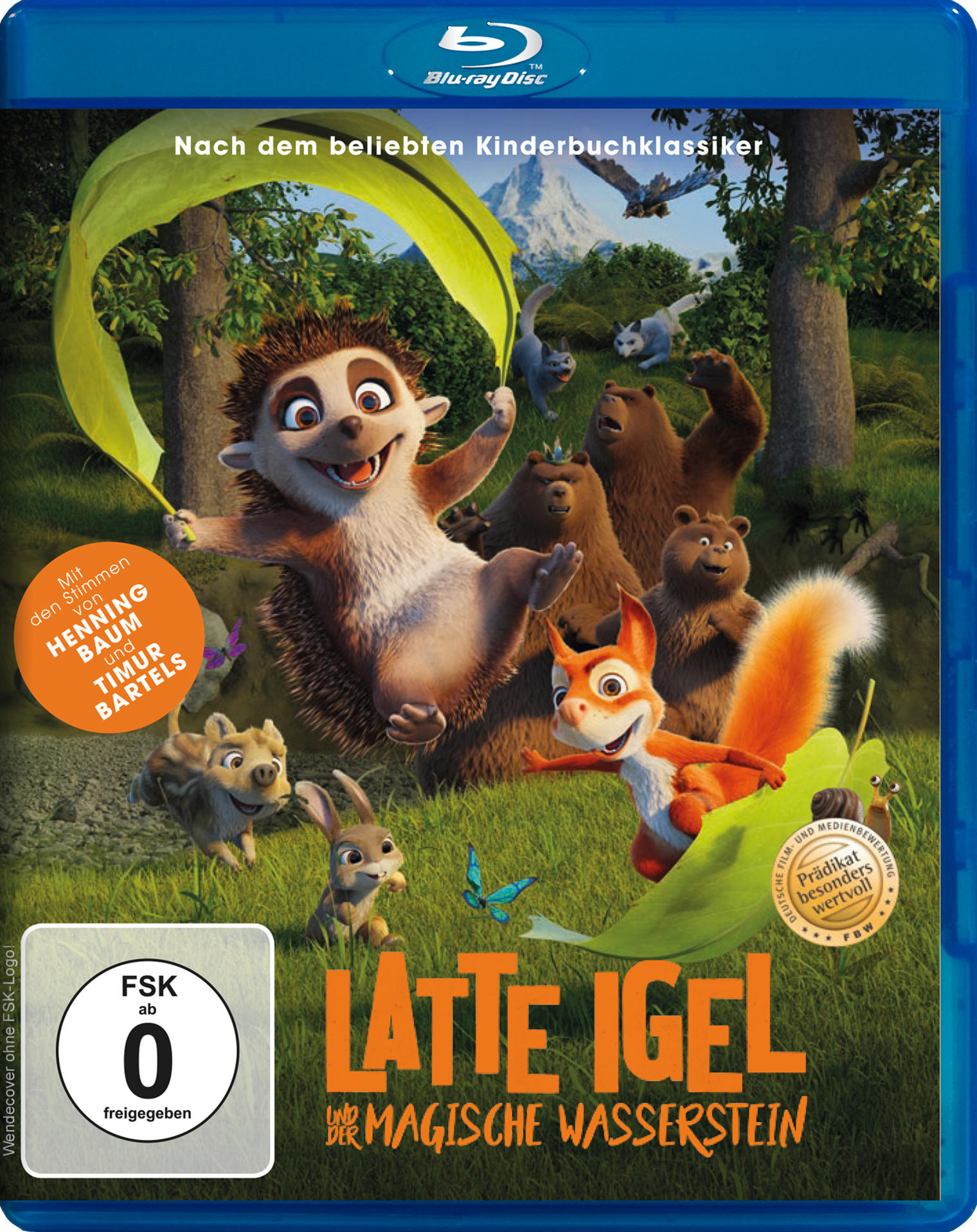 Blu-ray-Disc-Cover eines Zeichentrickfilms mit Tieren und einem grünen Blatt. Der Titel lautet 'Latte Igel'.