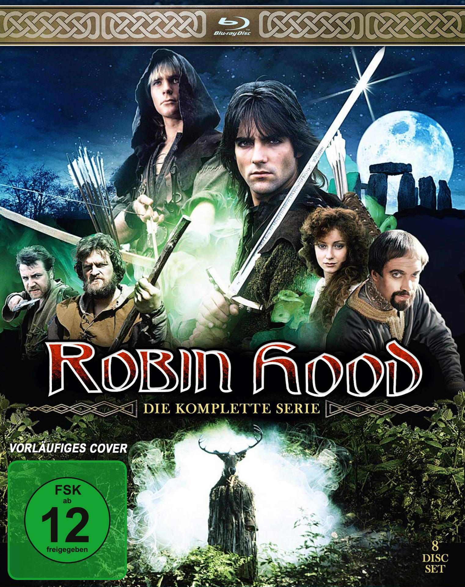 Filmcover: Robin Hood hält ein Schwert, andere Charaktere, Wald und Nachthimmel im Hintergrund.