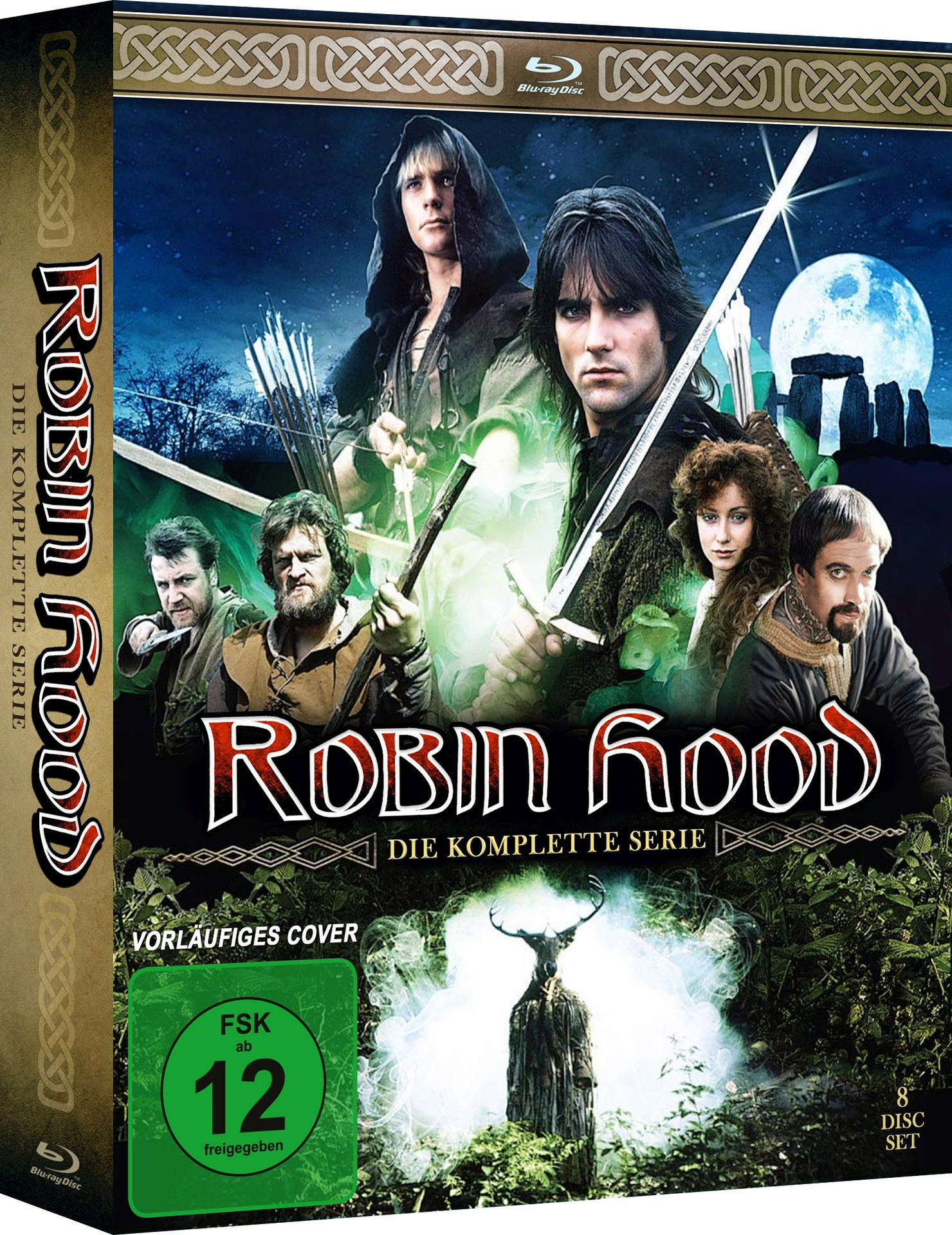 DVD-Box mit einer Gruppe von Leuten in mittelalterlicher Kleidung. Der Titel ist auf der Vorderseite. Eine grüne Landschaft im Hintergrund.