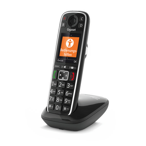 Ein schwarzes Festnetztelefon auf einer Basis, mit Farbbildschirm und großen Tasten.