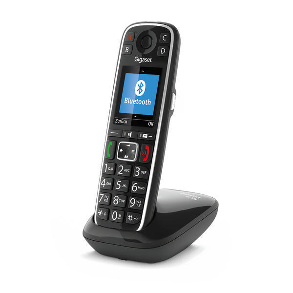 Ein schwarzes Gigaset Schnurlostelefon auf seiner Basis. Es hat einen Bildschirm und eine Tastatur.