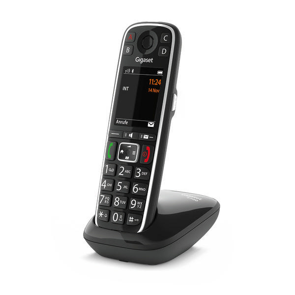 Ein schwarzes schnurloses Telefon mit Basis, das einen Bildschirm mit Zahlen zeigt.