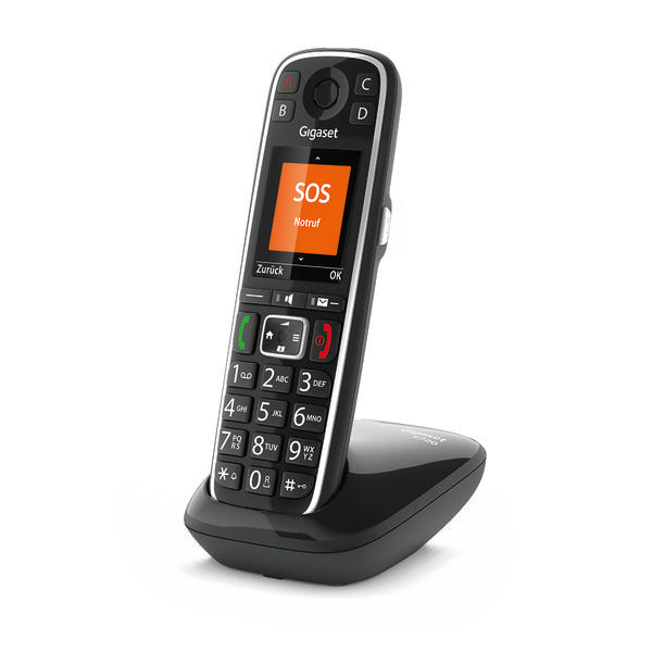 Schwarzes schnurloses Telefon auf schwarzer Basis mit Bildschirm, der "SOS" anzeigt.