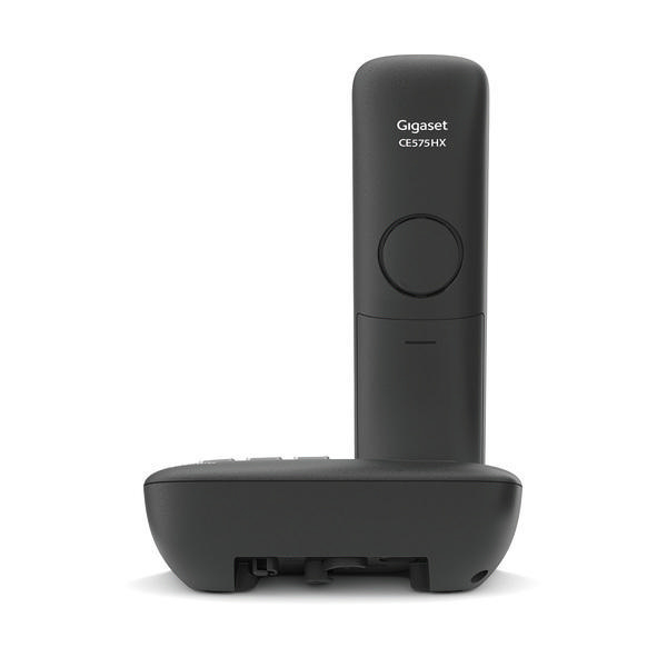 Ein schwarzes schnurloses Gigaset-Telefon, Basis und Mobilteil sichtbar.