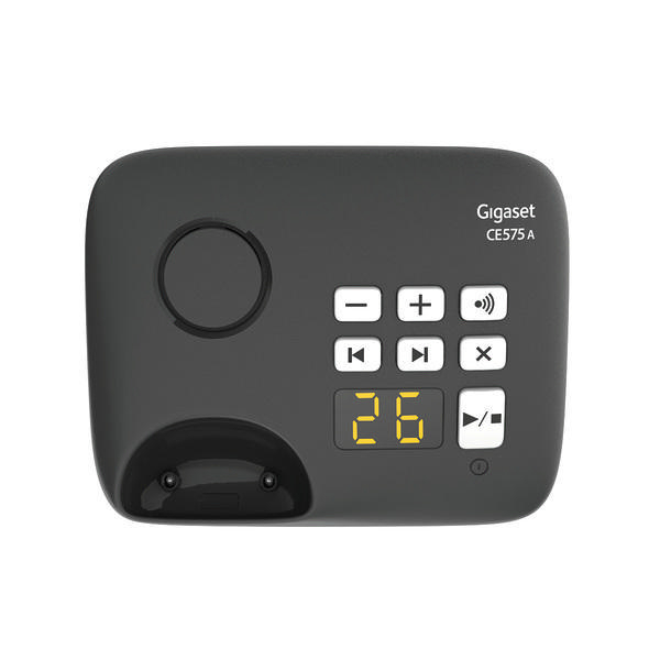 Schwarzes Gigaset CE575A Telefon mit Tasten, Display und Lautsprecher, weißer Hintergrund.
