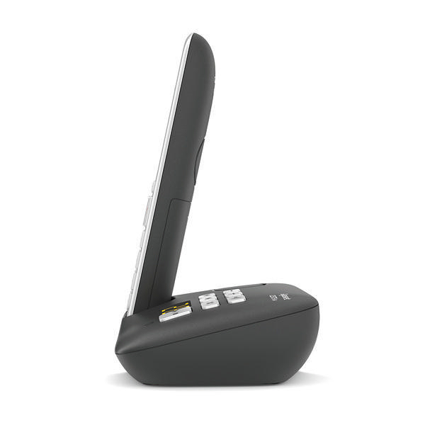 Schwarzes schnurloses Telefon auf einer Ladestation, Seitenansicht. Weiße Knöpfe, weißes und schwarzes Design.