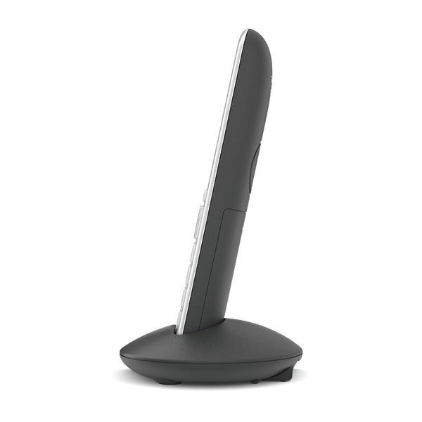 Ein schwarzes schnurloses Telefon auf einer Ladestation, Seitenansicht.