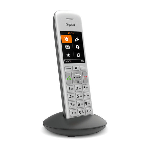 Ein Gigaset Schnurlostelefon mit Basis. Das Telefon zeigt Symbole auf dem Bildschirm an.