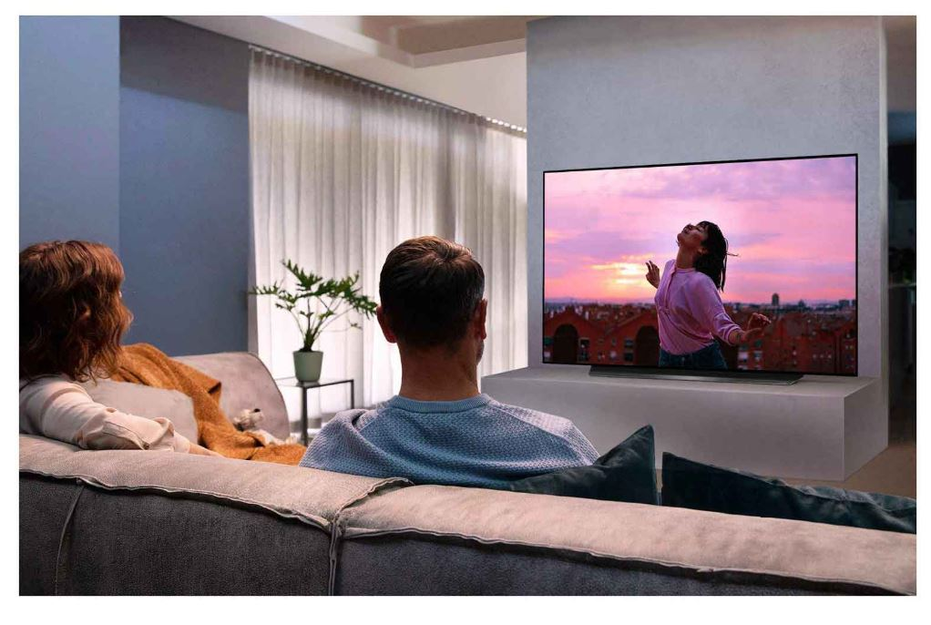 İki kişi TV izliyor. Ekrandaki bir kadın gün batımına karşı dans ediyor. Çift gri bir kanepede oturuyor. Yakında bir bitki duruyor.