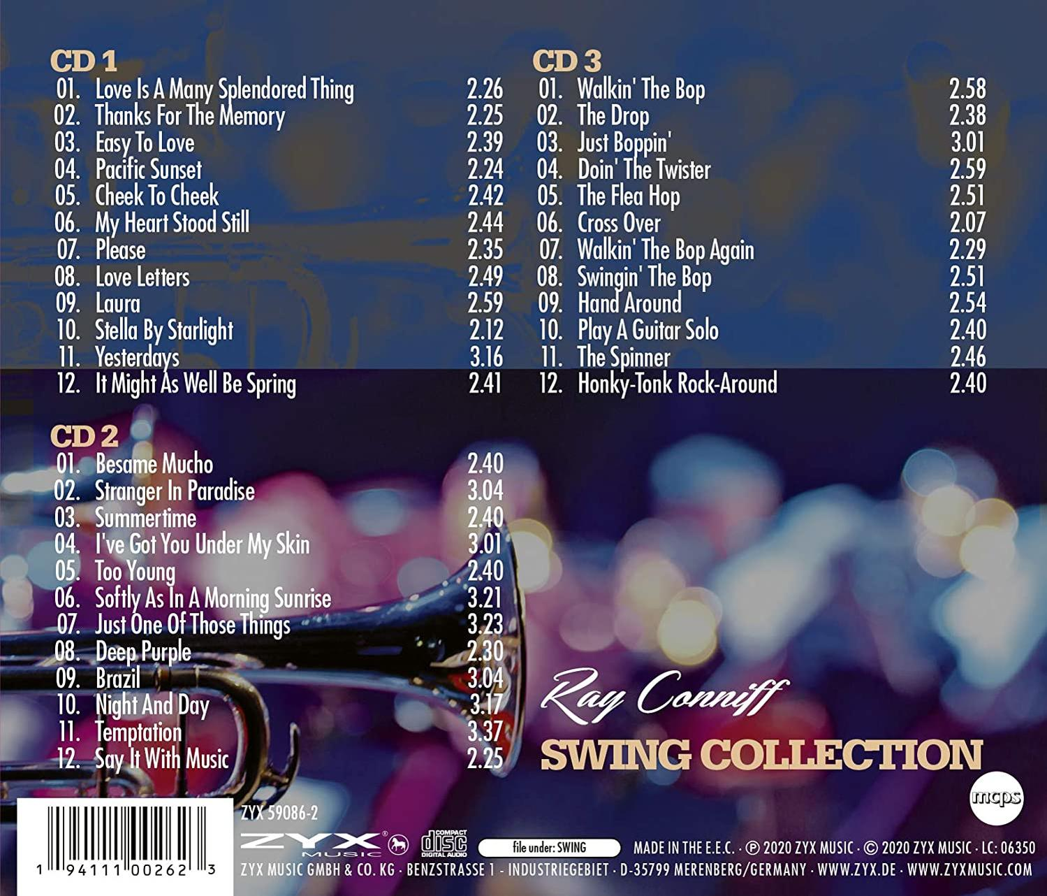 Albumcover: Ray Conniff Swing Collection. Titellisten auf weißem und violettem Hintergrund.