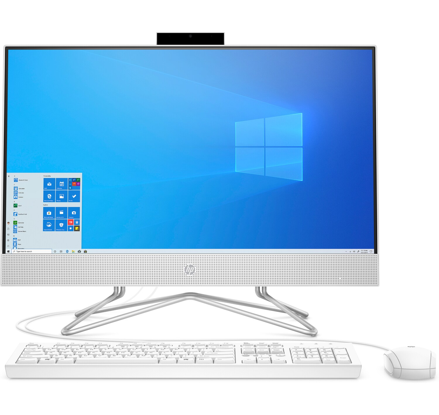 Ordenador todo en uno blanco con pantalla grande, teclado, ratón. Logotipo de HP presente.