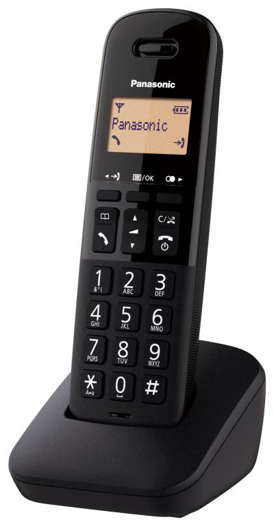 Teléfono inalámbrico Panasonic negro en su base. El teléfono tiene botones y una pantalla.