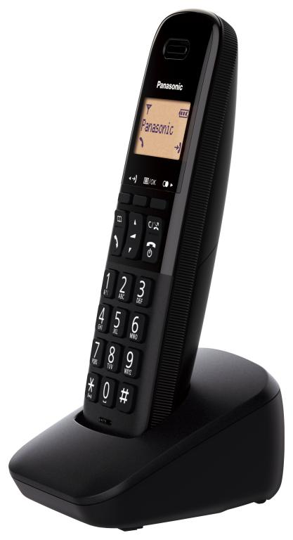Teléfono fijo negro en una base. Tiene teclado y pantalla.