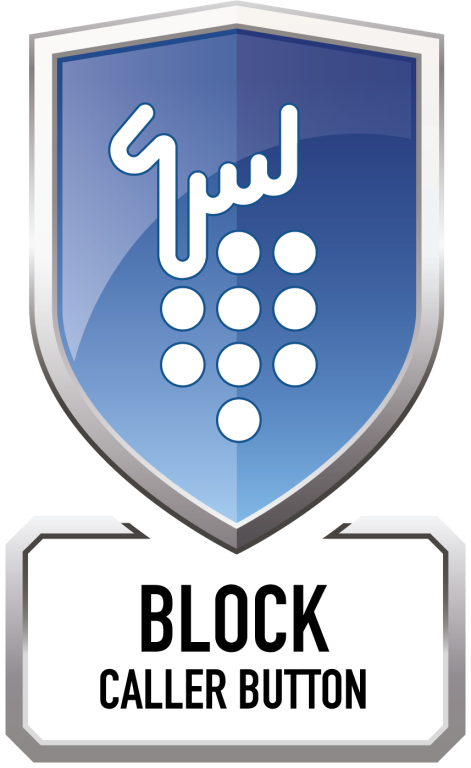 Escudo azul con un icono de teléfono y letras árabes sobre fondo plateado.