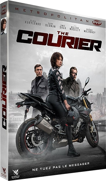 Couverture DVD de «The Courier». Acteurs, moto et fond de ville.