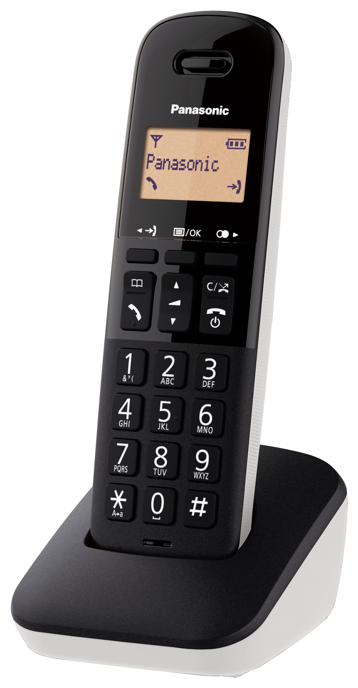 Un teléfono inalámbrico blanco y negro con una base negra. Tiene una pantalla que muestra información.