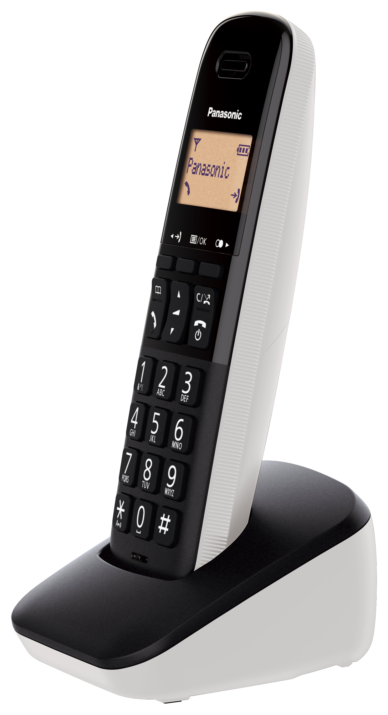 Teléfono inalámbrico Panasonic blanco y negro con base de carga, pantalla encendida.