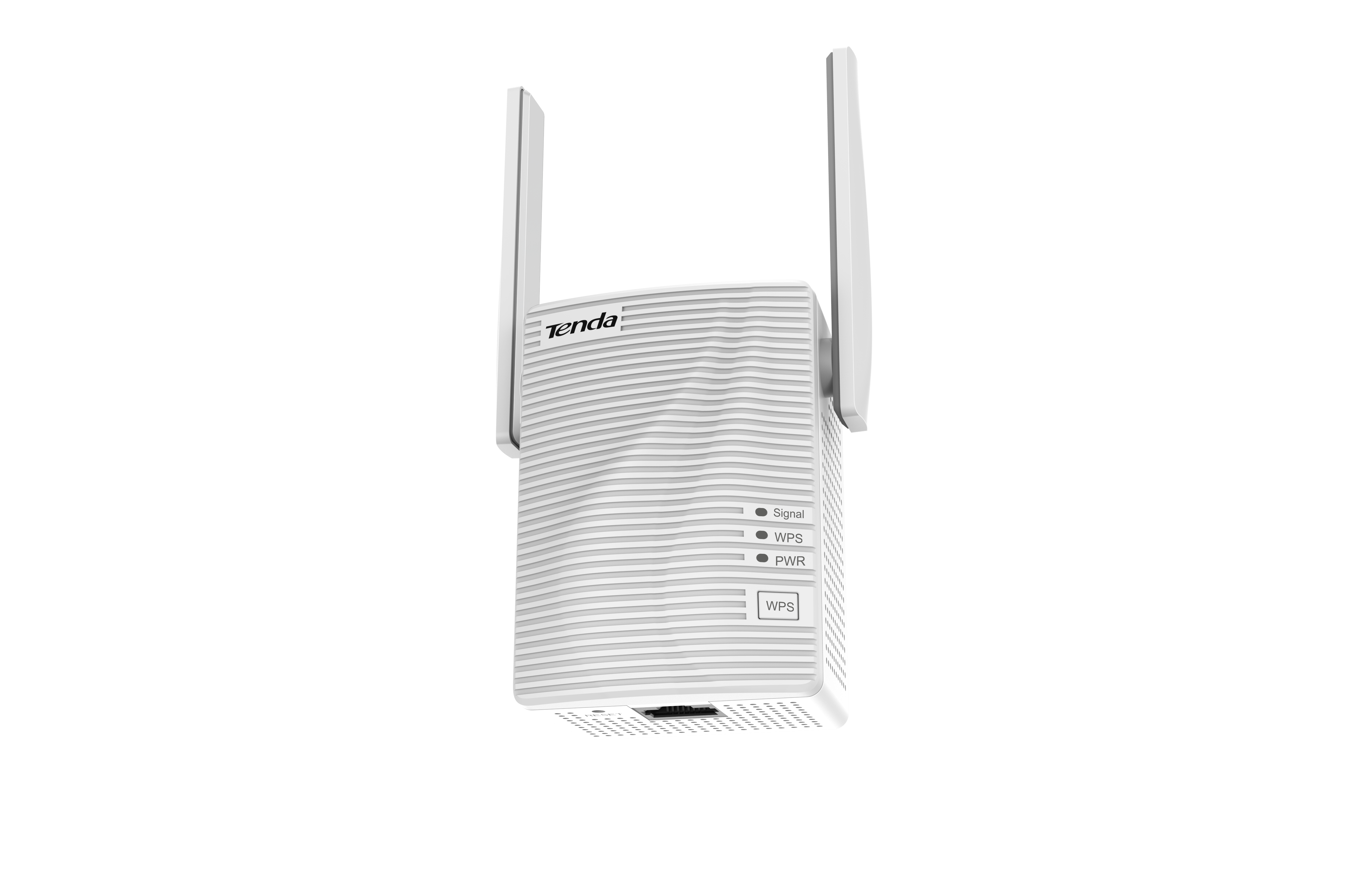 Extensor de alcance Wi-Fi Tenda blanco con dos antenas, botón WPS y luces de señal/WPS/PWR.