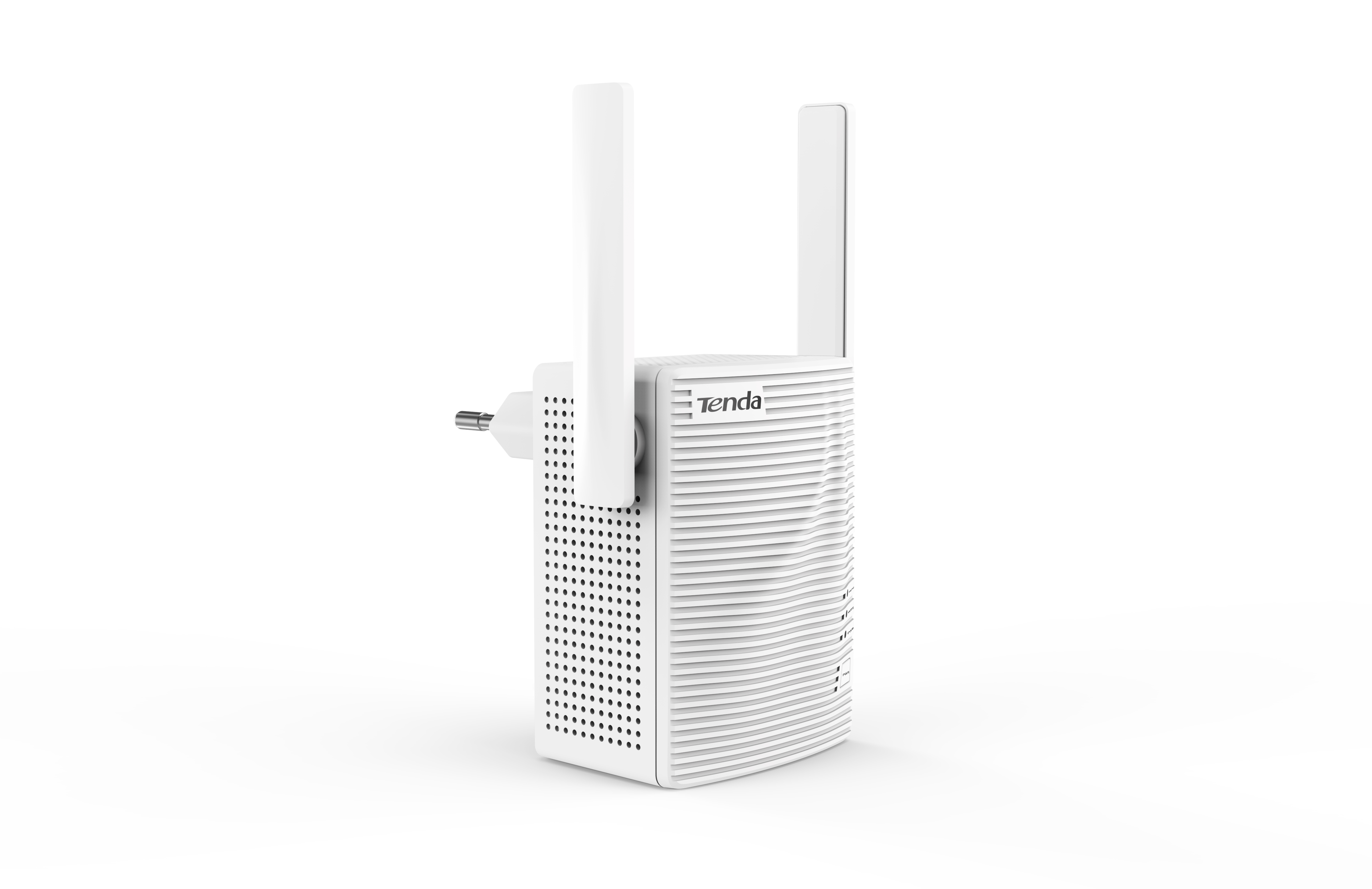 Extensor WiFi Tenda blanco con dos antenas, enchufe.