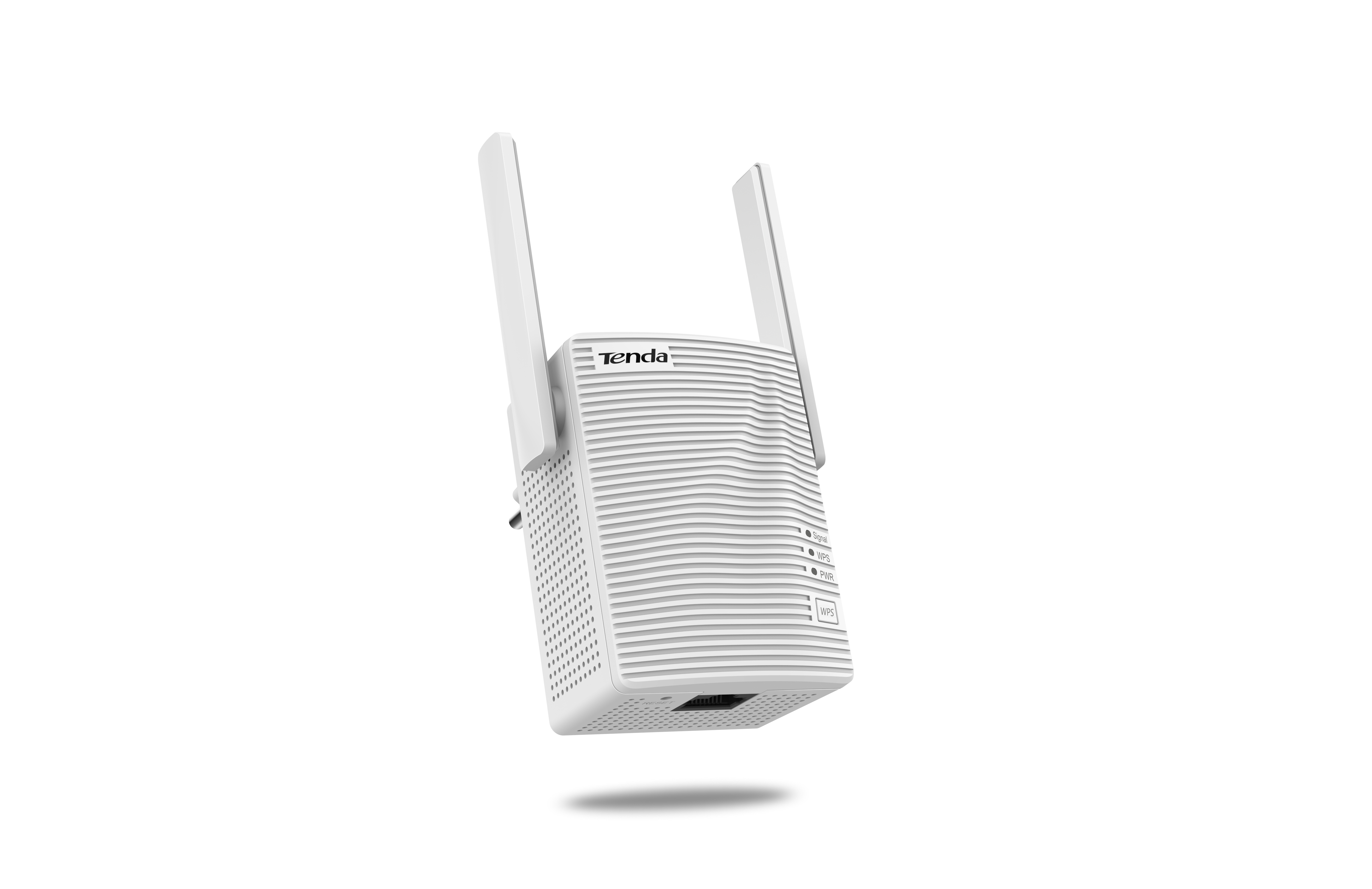 Extensor de rango WiFi Tenda blanco con dos antenas. El dispositivo está en ángulo sobre un fondo blanco.