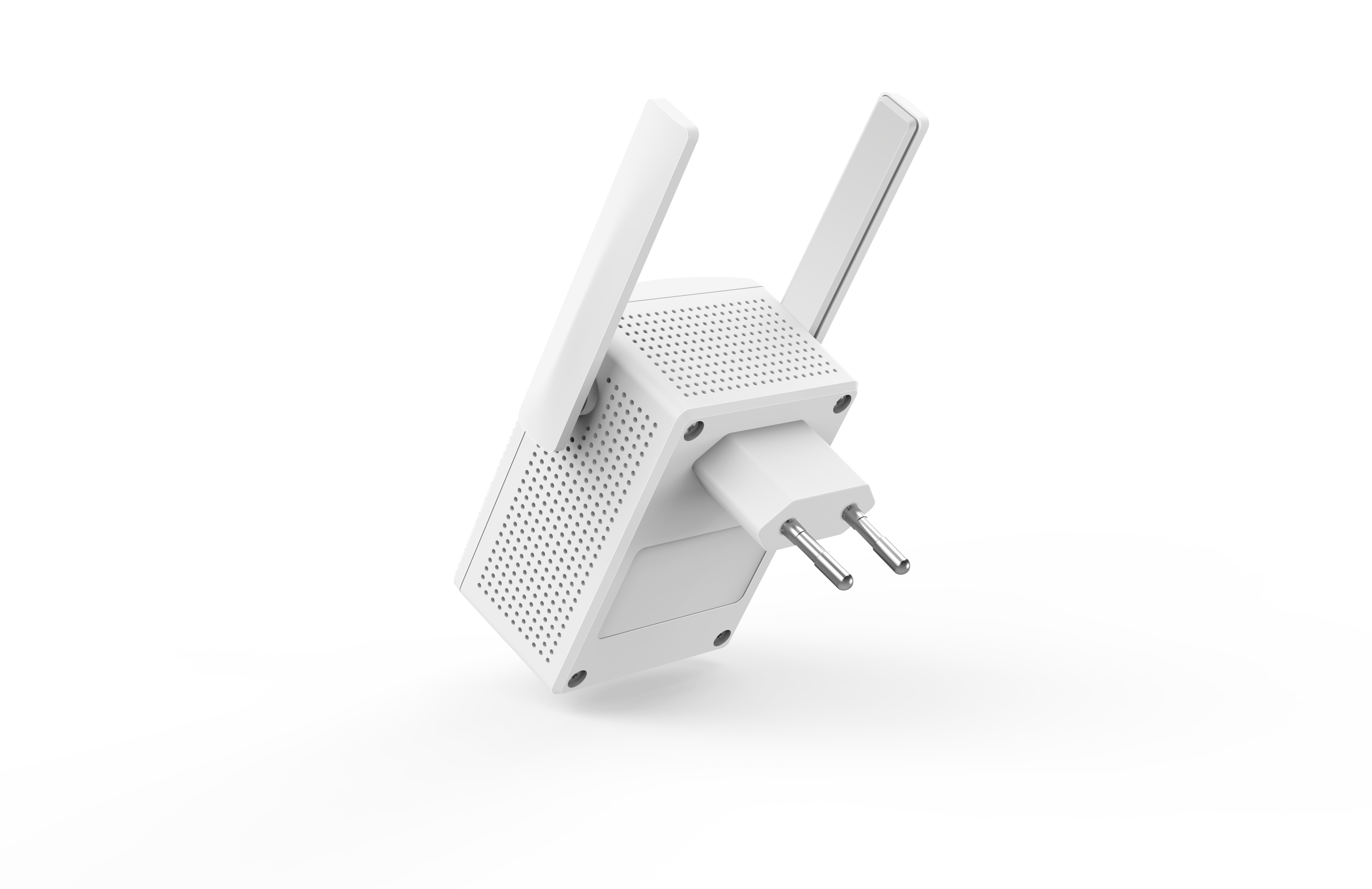 Extensor Wi-Fi blanco con dos antenas, se muestra el enchufe. Está inclinado contra un fondo blanco.