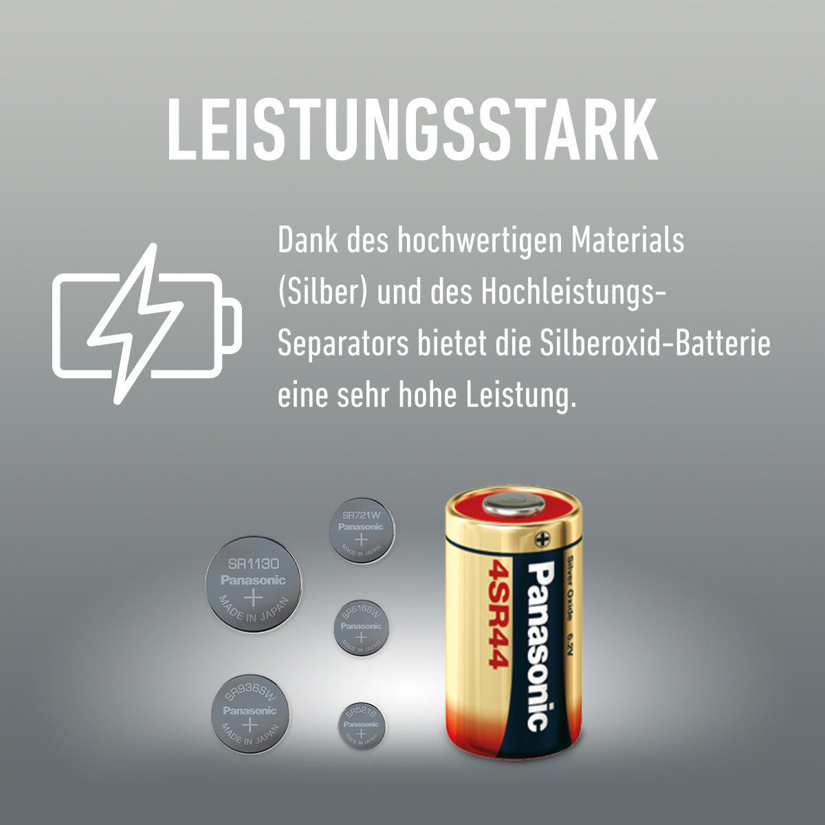 Ein Bild von Batterien mit Text auf Deutsch, mit einem weißen Blitzsymbol.