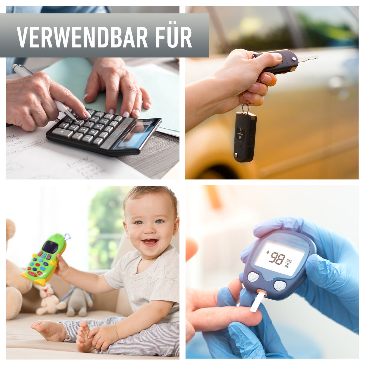 Collage von Fotos, darunter ein Taschenrechner, Autoschlüssel, ein Baby und ein Blutzuckermessgerät.