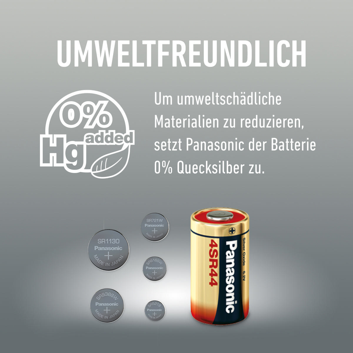 Panasonic-Batterien mit Hg 0 % Zusatztext und anderen Batterien.