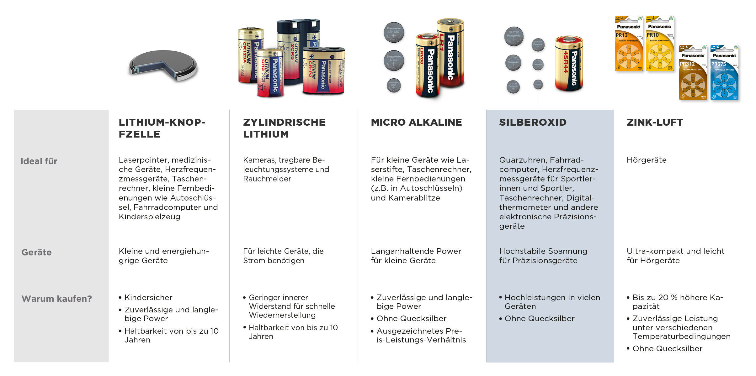 Verschiedene Panasonic-Batterien werden mit ihren Typen, Verwendungen und Merkmalen aufgeführt.