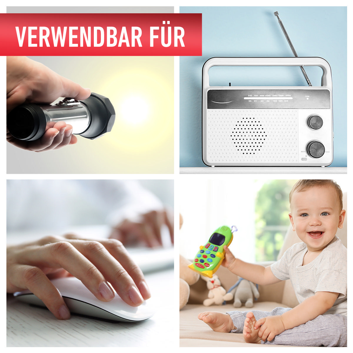 Bilder von einer Taschenlampe, einem Radio, einer Maus und einem Baby mit Spielzeug.