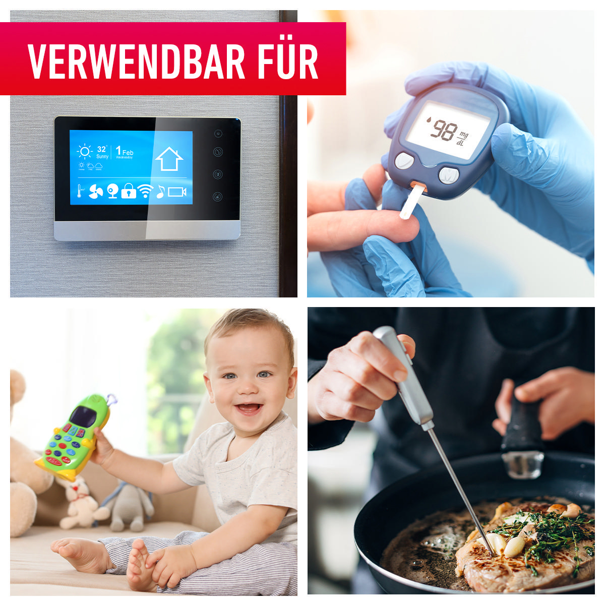 Vier Bilder: Smart-Home-Panel, Blutzuckermessgerät, Baby mit Spielzeug, Kochen von Essen mit Thermometer.