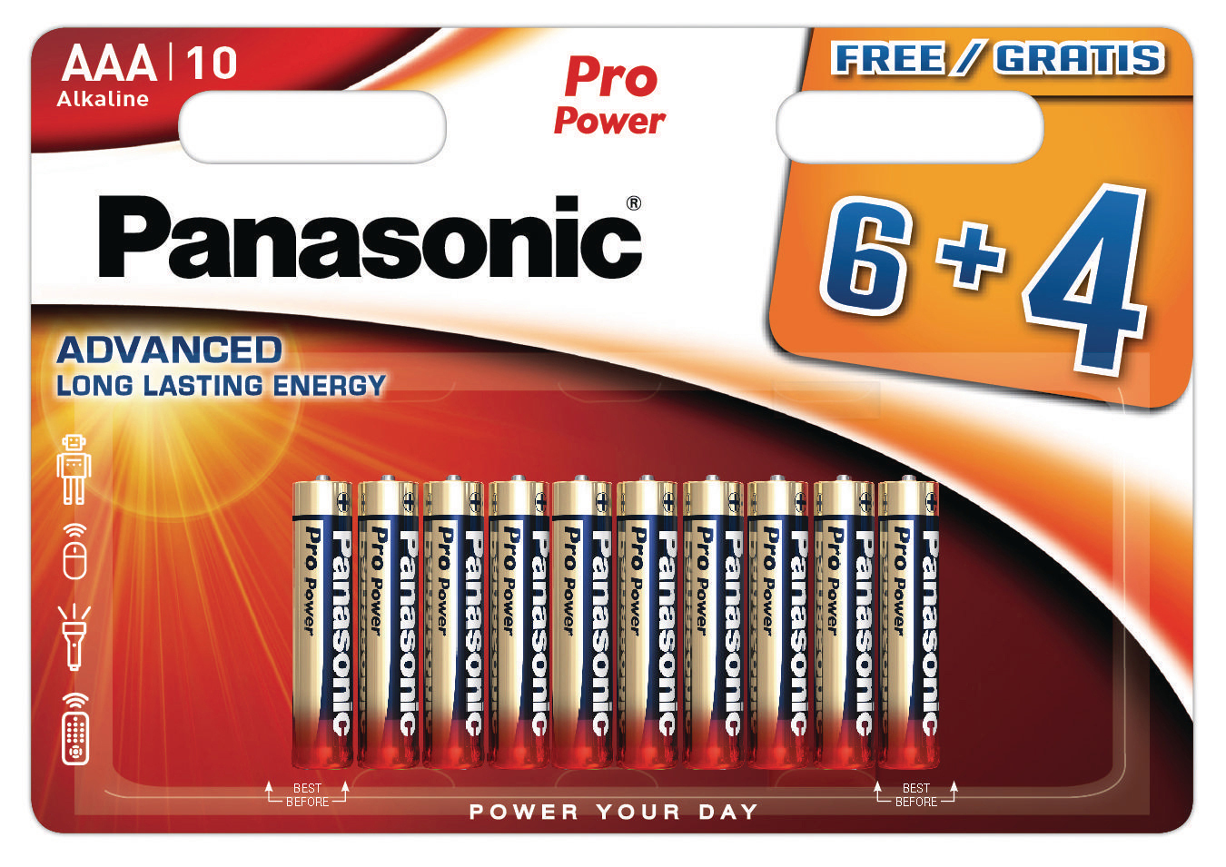 Packung Panasonic AAA-Batterien, insgesamt 10, mit 'Free/Gratis' Aktion.