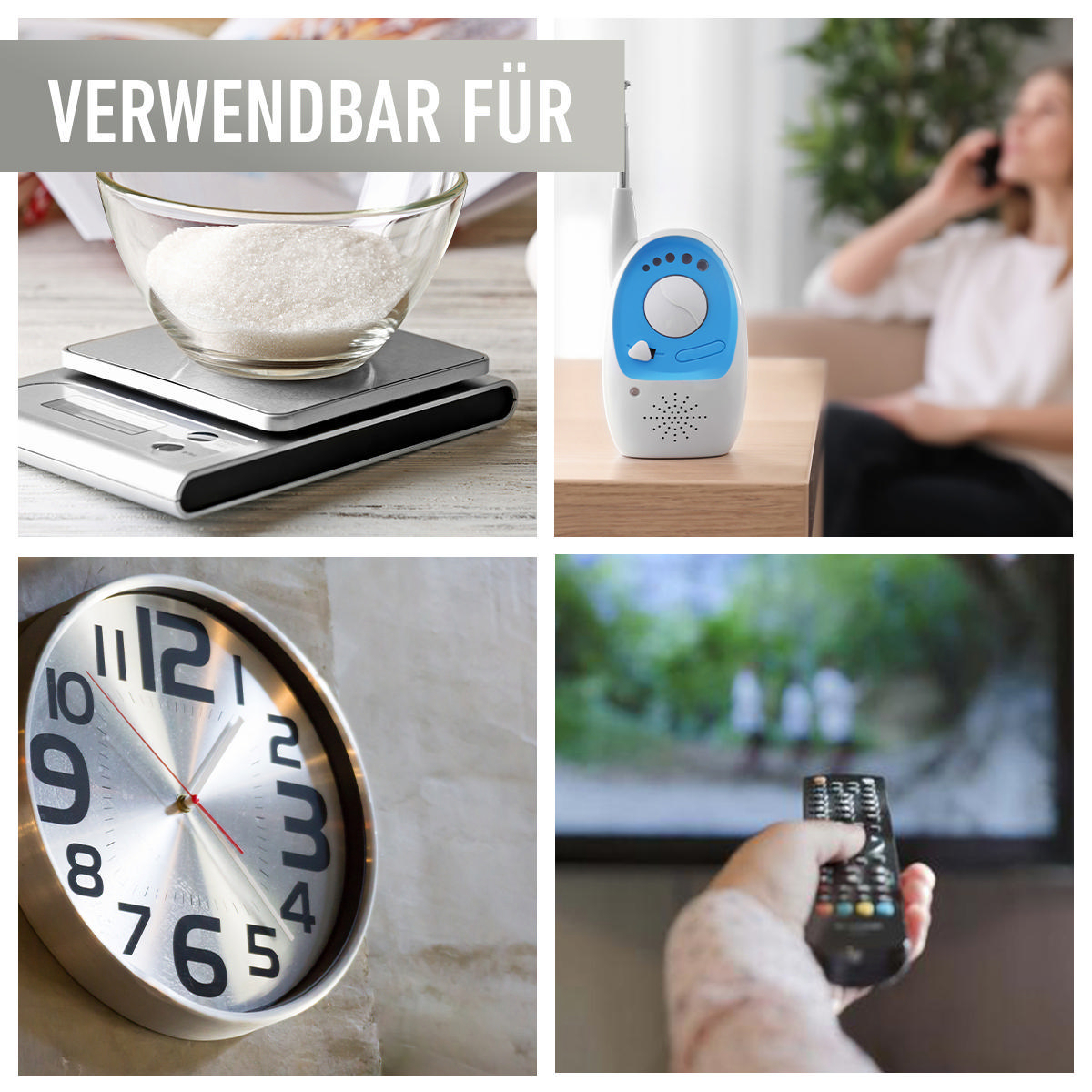 Ein Babyphone und Kochzutaten sind mit einer Uhr und einer Person mit Fernbedienung gezeigt.