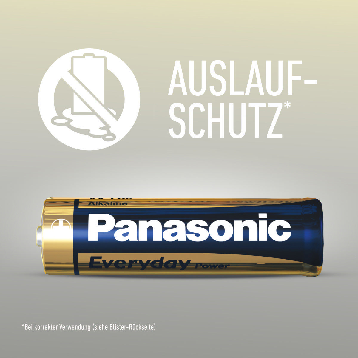 Panasonic Everyday Power AA-Batterie mit hellem Hintergrund, Auslaufschutz-Symbol.