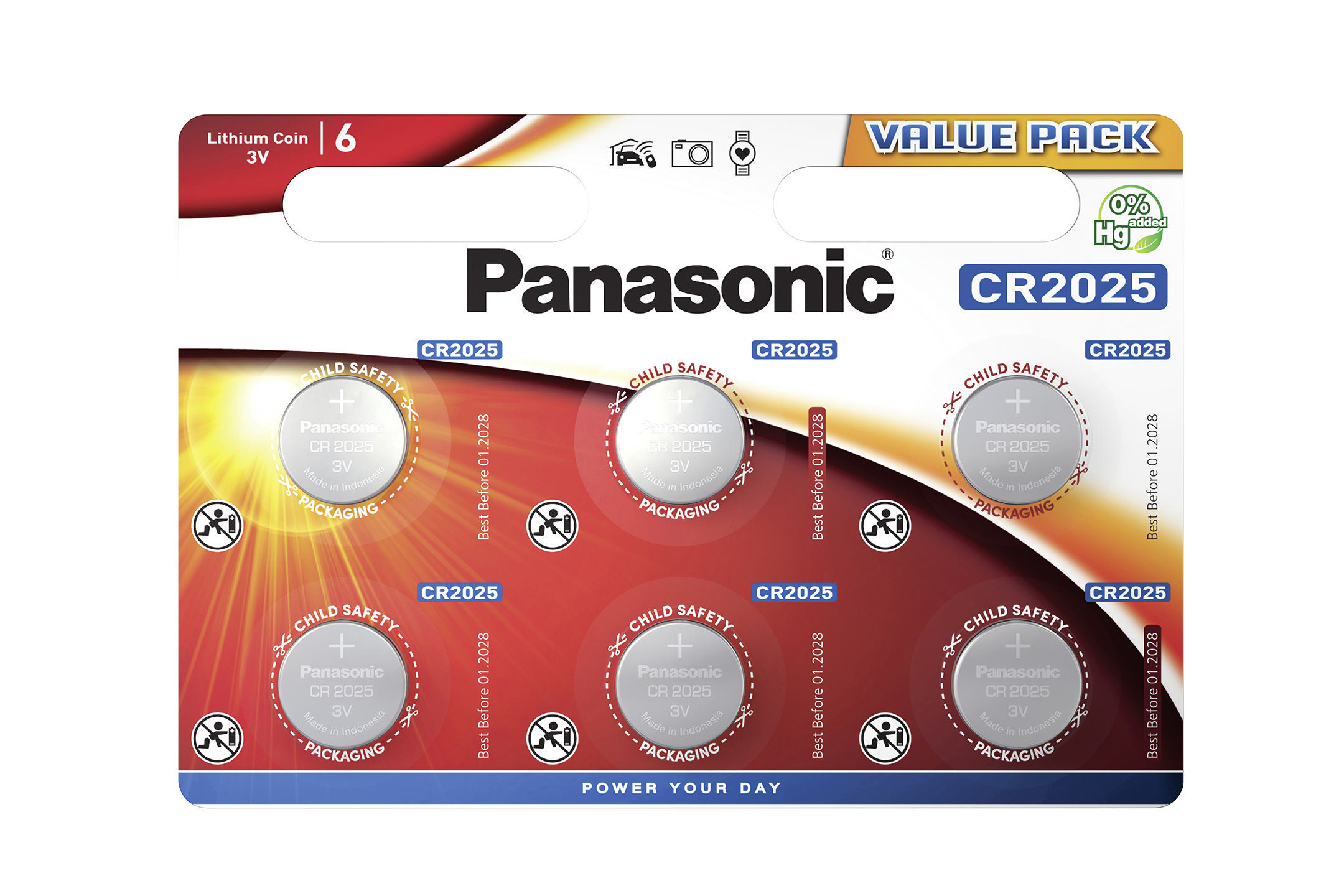 PANASONIC CR2025EL/6BP CR2025 Knopfzelle, Lithium Volt, mAh Metall, 3 165
