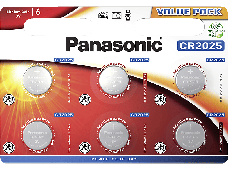 PANASONIC CR2025EL/6BP CR2025 Lithium Metall, mAh Volt, Knopfzelle, 3 165