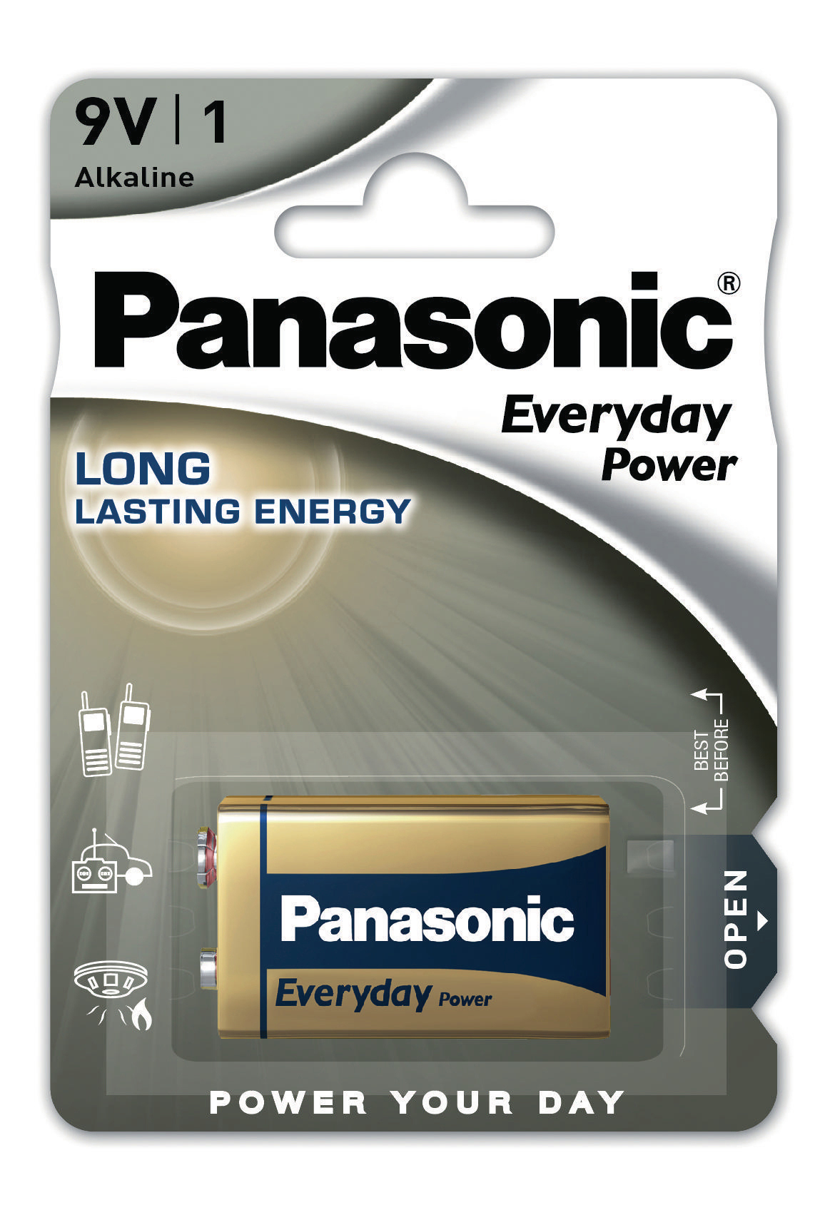Panasonic 9V Alkaline Batterieverpackung. Text sagt 'Long Lasting Energy'. Weißer Hintergrund.