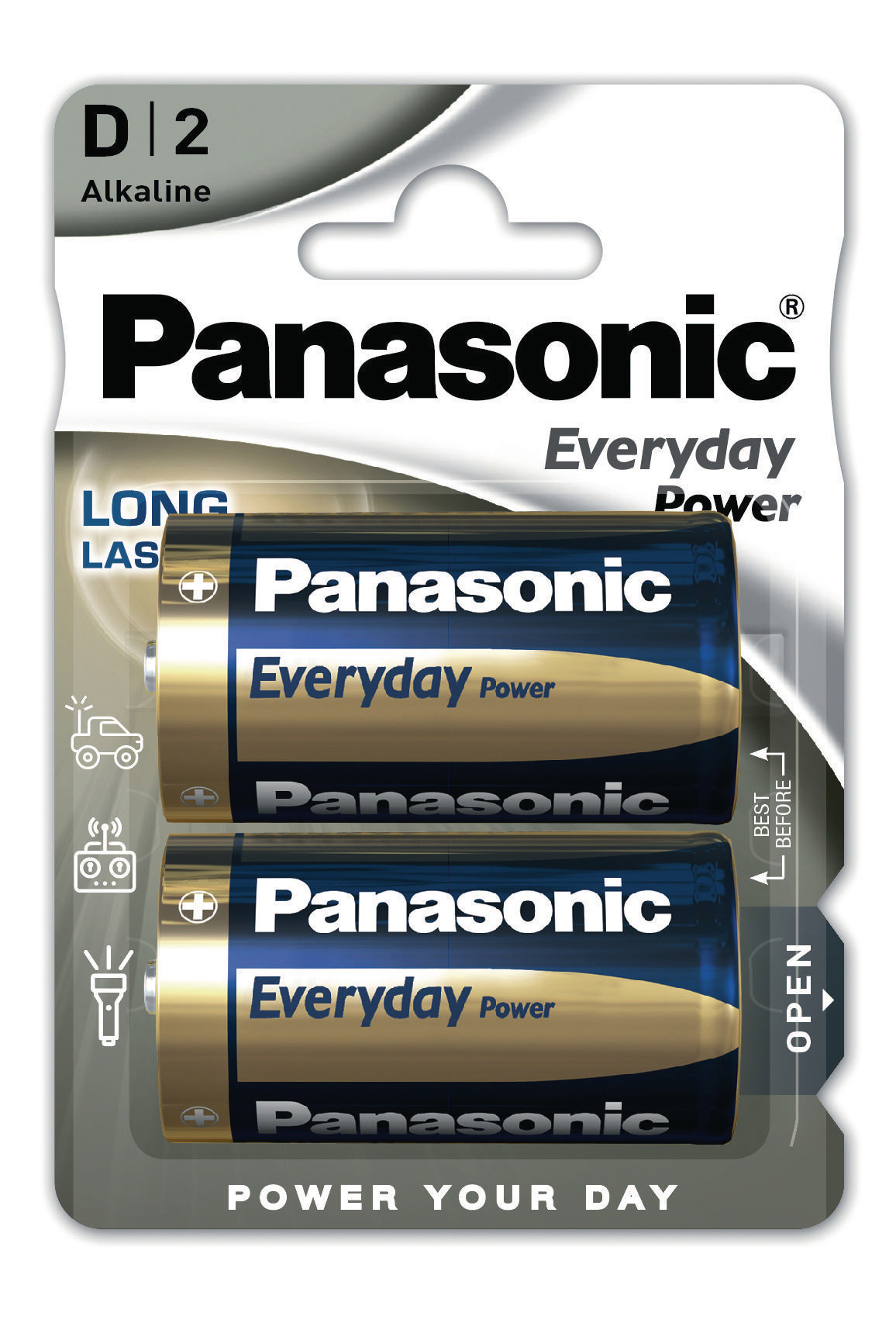 Zwei Panasonic Everyday Power D Alkaline-Batterien in einer Verpackung. Gold und Blau.