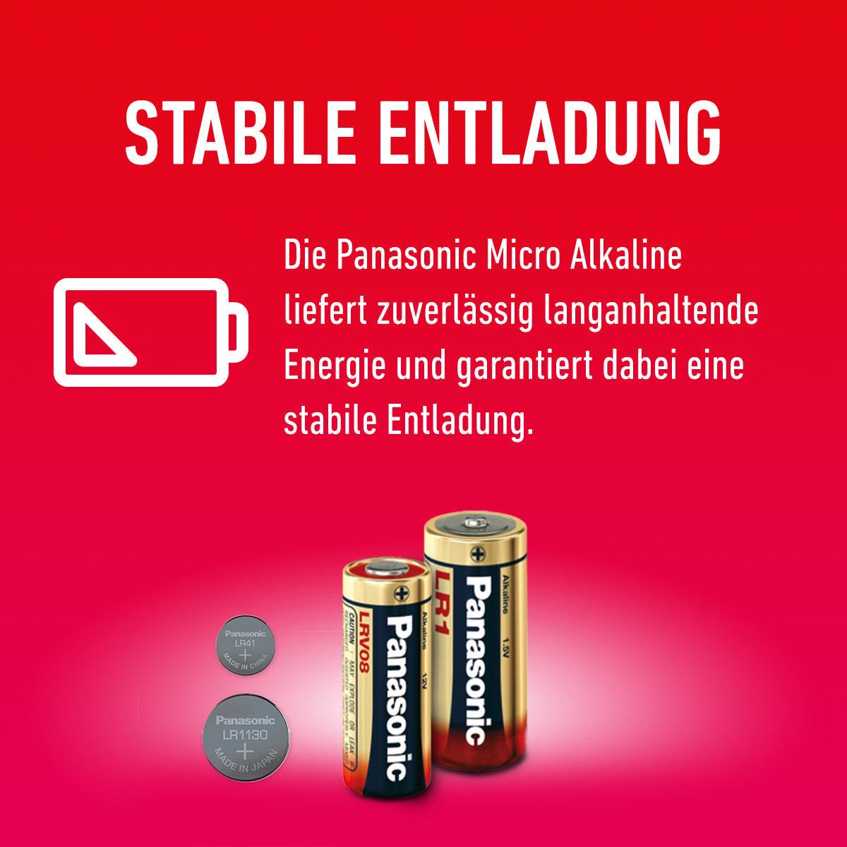 Bild mit zwei Batterien und Text über stabile Entladung und langlebige Energie.