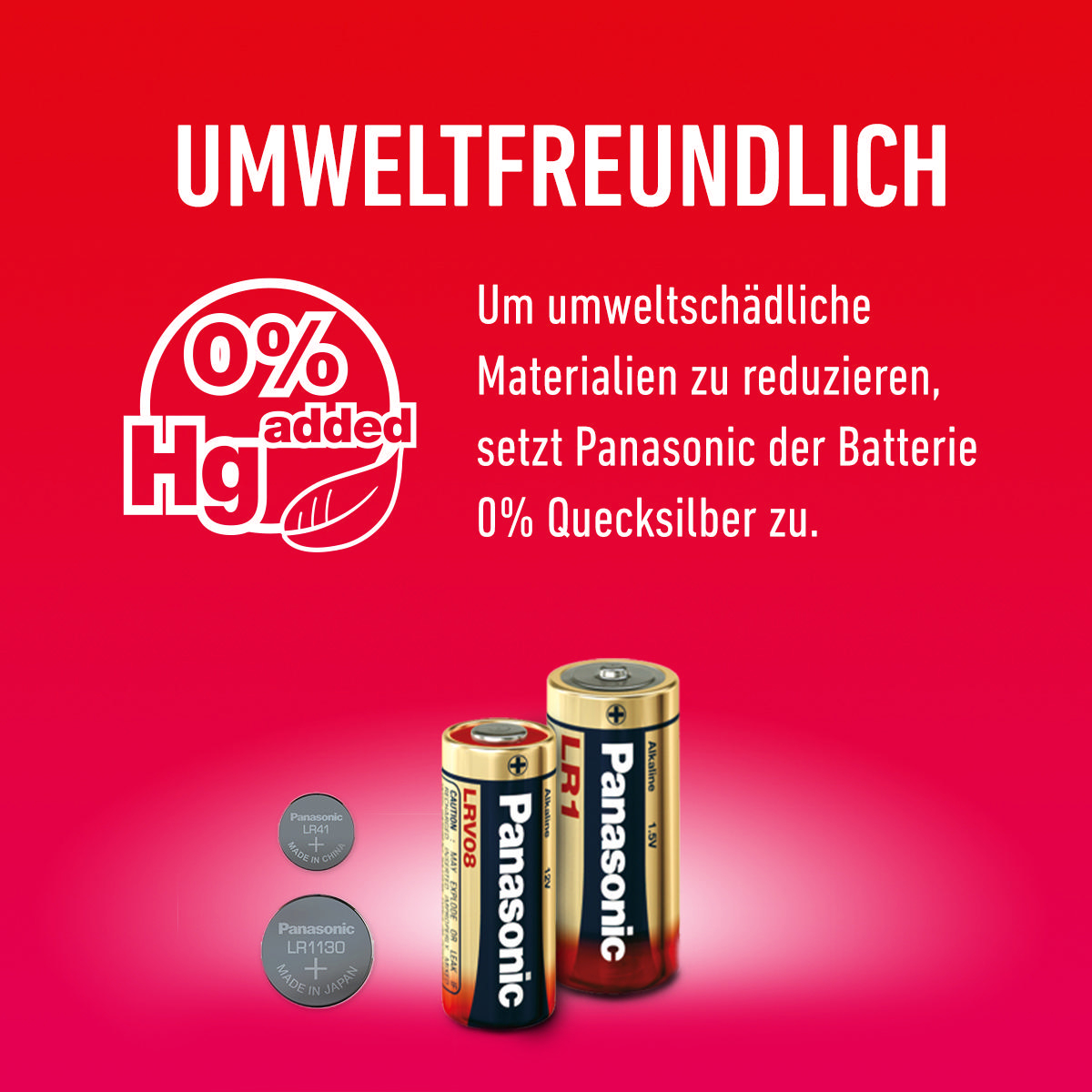 Panasonic-Batterien und Text, Diagramm mit quecksilberfreiem Logo auf rotem Hintergrund.