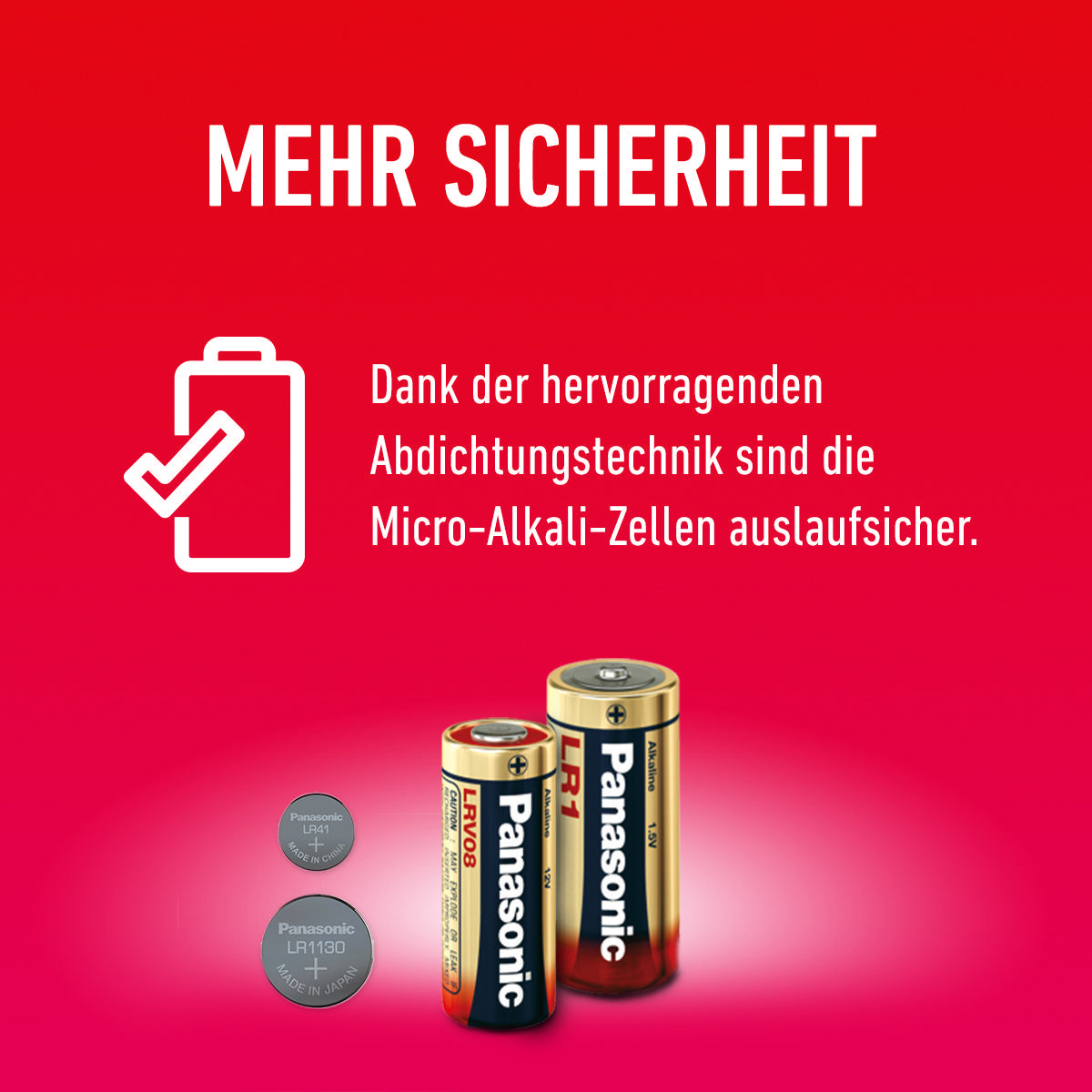 Bild von zwei Panasonic-Batterien und einem Text, der besagt, dass Mikro-Alkali-Zellen auslaufsicher sind.