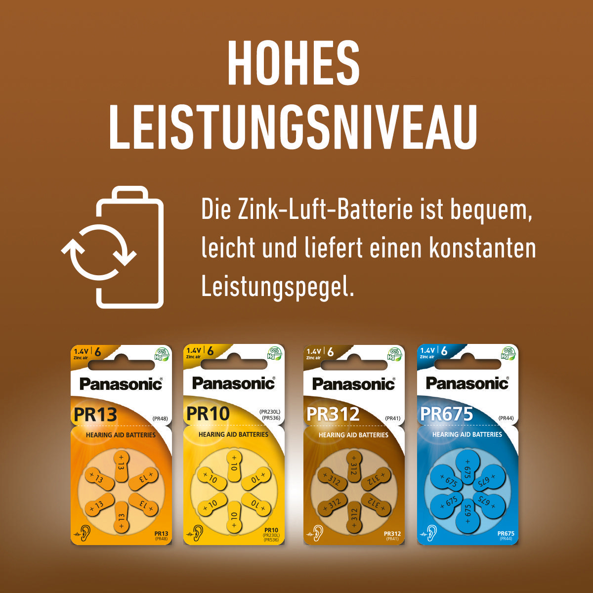 Vier Hörgerätebatterien in Packungen. Text auf Deutsch und ein hellbrauner Hintergrund.