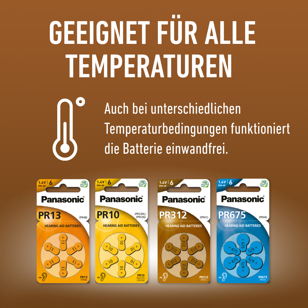 Bild zeigt Panasonic Hörgerätebatterien. Verschiedene Packungen gelber und weißer Batterien.