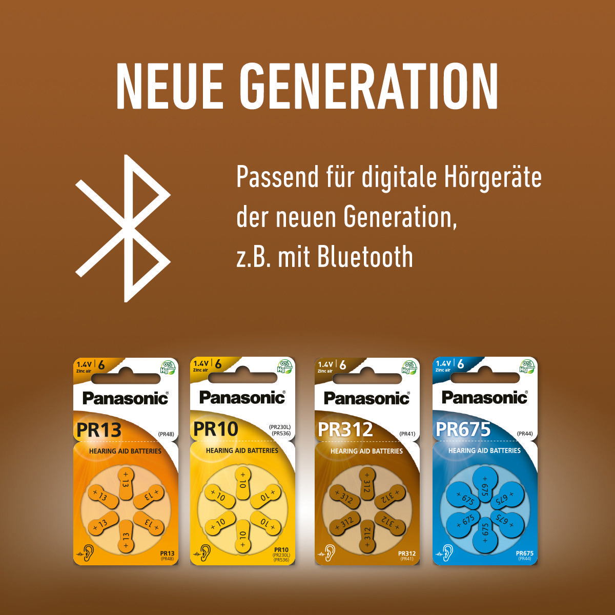 Hörgerätebatterien in Blisterpackungen. Vier verschiedene Packungen mit Text.