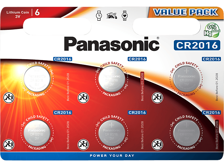 PANASONIC CR-2016EL 6BP 3 Volt, mAh CR2016 Knopfzelle, Lithium, 2016 6er CR 165