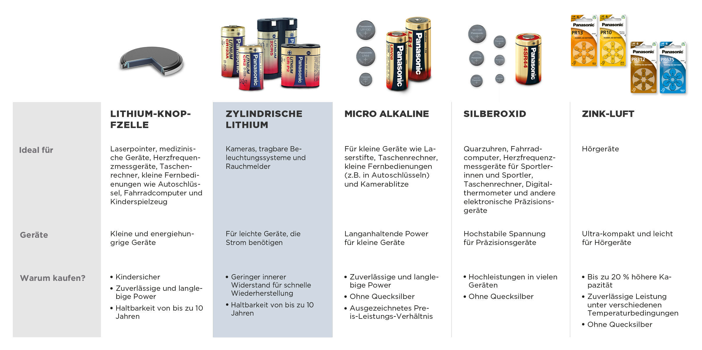 Ein Raster verschiedener Batterien mit ihren Anwendungen und Eigenschaften, die darunter beschrieben sind.