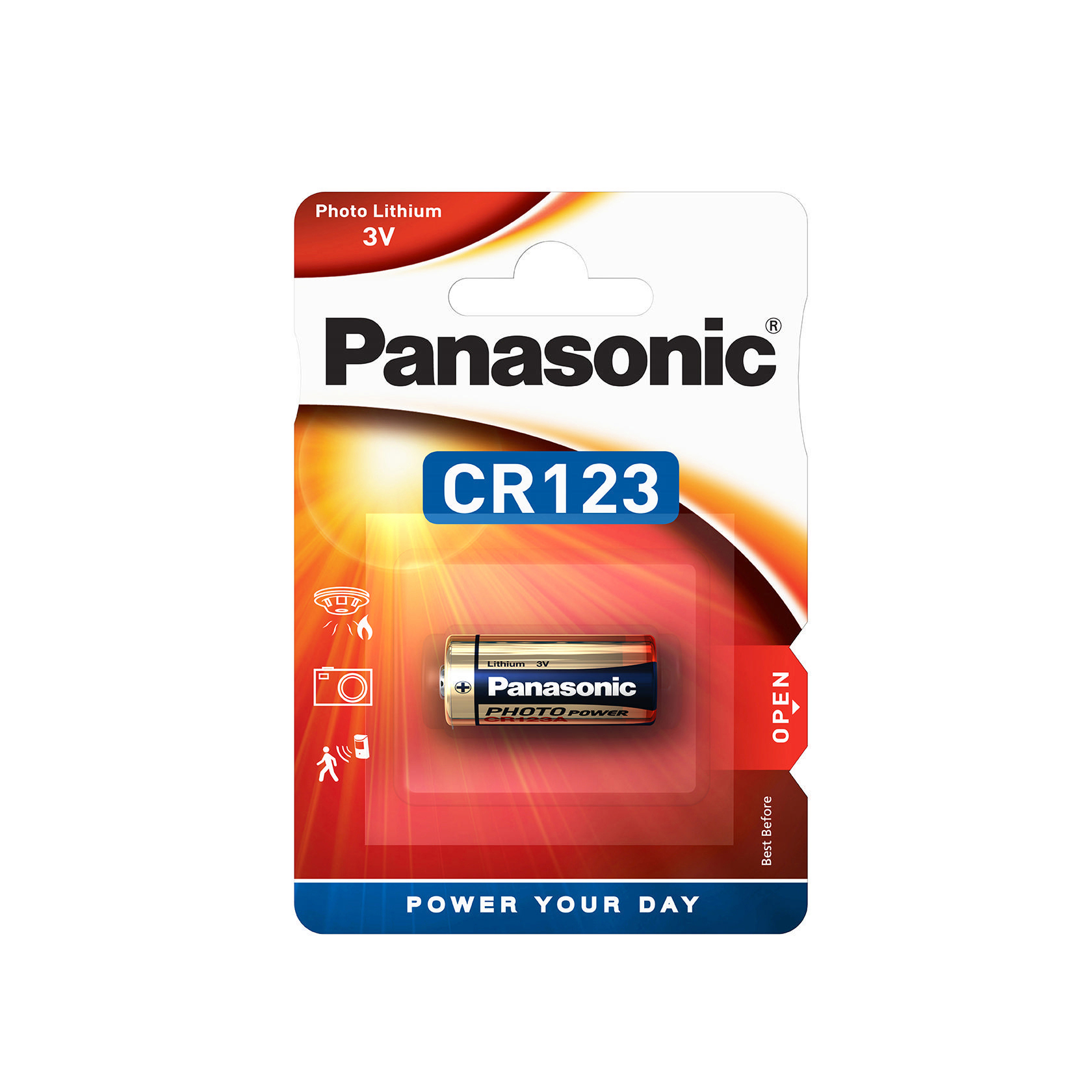 Eine Panasonic CR123 Batterie in einer rot-weißen Verpackung, mit Symbolen und Text.